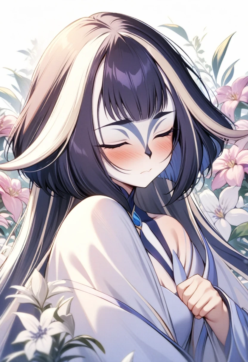 (shylily/(Twich/):1.5),(masterpiece:1.2),(best quality:1.2),, (1girl:1.3),(best quality, masterpiece:1.2), ultra-detailed, detailed background, 1 girl, alone, long hair, flowers, white background, pink flowers, simple background, outline, upper body, shirt, white shirt, white flowers, bow, bangs, leaves, blushing face