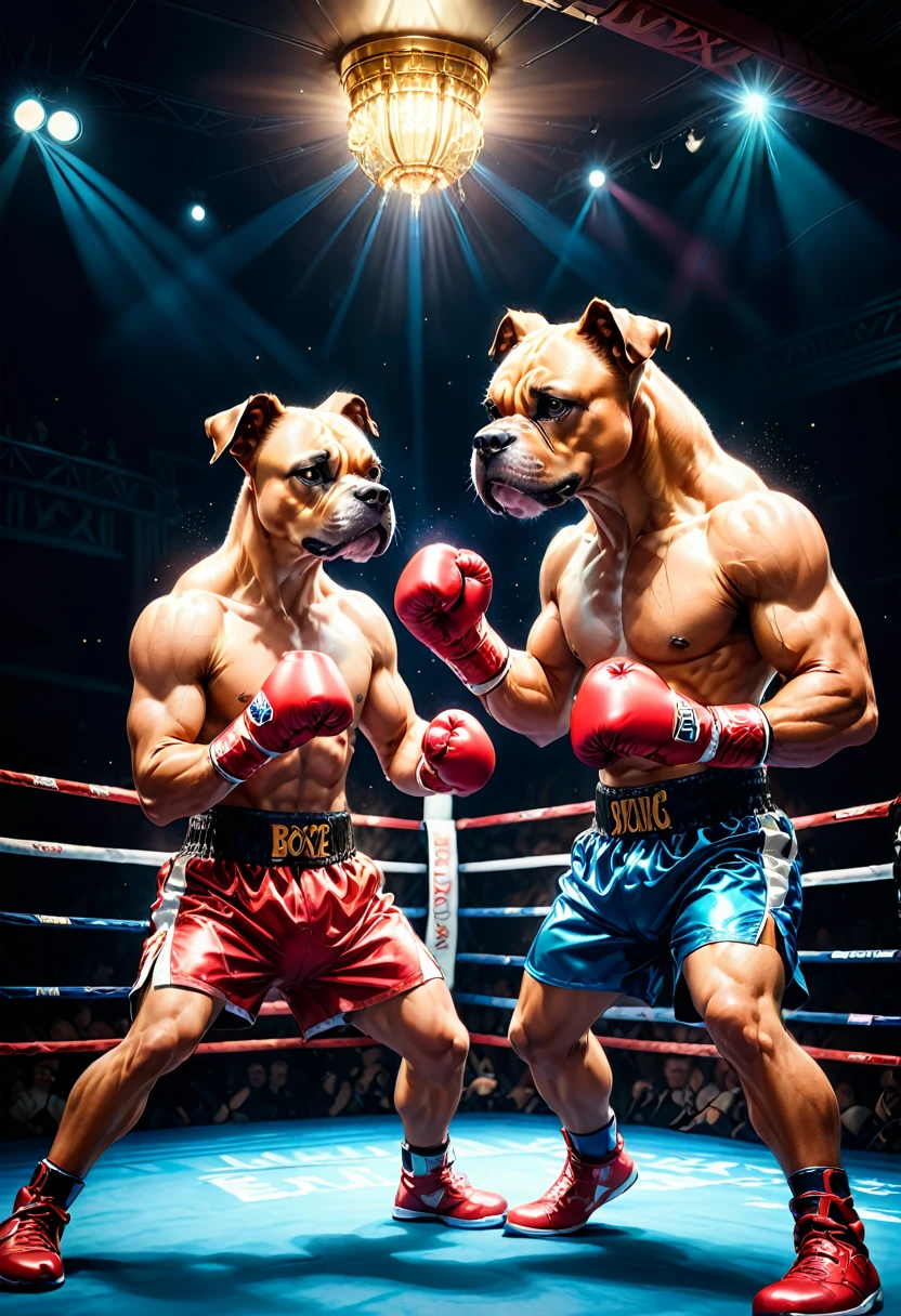 Boxing Match, aesthetic, Anthropomorphic boxer dog as a boxer, boxing, hyperdetailed, hyperrealism volumetric lighting, Epic cinematic brilliant stunning intricate meticulously detailed dramatic atmospheric maximalist digital matte painting