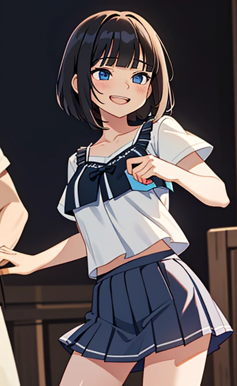 (masterpiece:1.4、top-quality、illustration:1.4,realistic、)、(character focus、breast focus,cowboy shot:1.3)、(1girl),(Open mouth grin:1.3),(half closed eyes),cute face,blue eyes、()、
,(stand:1.4),(Shining smile),
,(slender),(white short camisole,very short pleated miniskirt:1.3),
(black middle hair:1.6,blunt bangs,),(), (medium breasts:1.3)、
、slender、