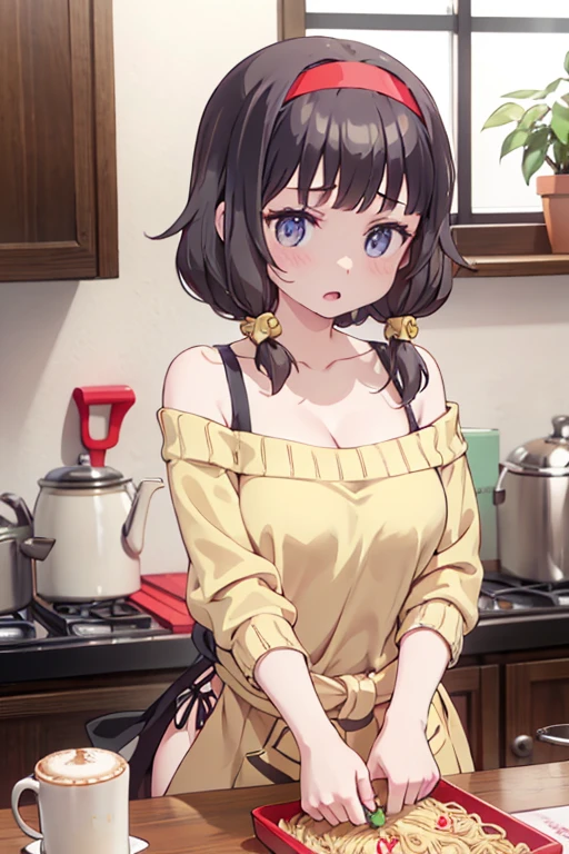 masterpiece, yor, 1girl, Amazing Cleavage:1.3, thin waist, big ass, Raised sexy, medium breast: 1.8 posed cleavage:1.2、solo, looking at viewer, open mouth, have a cup of coffee,black hair, red eyes, dress, bare shoulders, jewelry, collarbone, sidelocks, hairband, earrings, indoors, off shoulder, :o, sweater, arms behind back, plant, short hair with long locks, white hairband, off-shoulder dress, sweater dress, off-shoulder sweater, red sweater, big side hair, very long side hair,is rendered in (masterpiece: 1.2, best quality), with (ultra high resolution) and an exquisite (depth of field). This masterpiece is not only visually stunning but also tells, make of pasta cooking ,in the kitchen