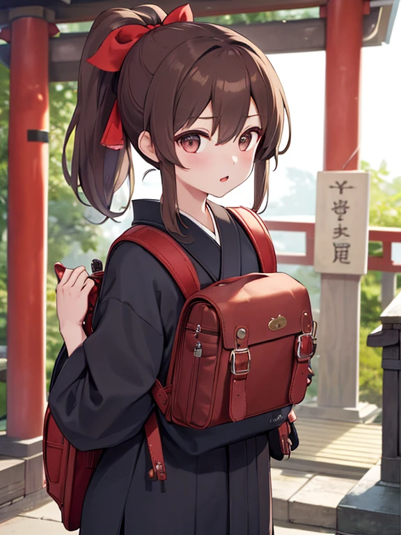 Master Pie CD, High resolution, , Portraiture, highest quality, High resolution, One girl, Brown Hair, ponytail, hair ornaments, Hair Ribbon, carrying a school backpack、(school backpack:1.1), Wear a kimono at a shrine's summer festival, Outdoor, Are standing