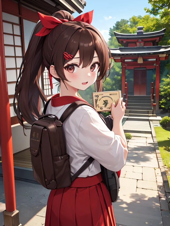 Master Pie CD, High resolution, , Portraiture, highest quality, High resolution, One girl, Brown Hair, ponytail, hair ornaments, Hair Ribbon, carrying a school backpack、(school backpack:1.1), Wear a kimono at a shrine&#39;s summer festival, Outdoor, Are standing