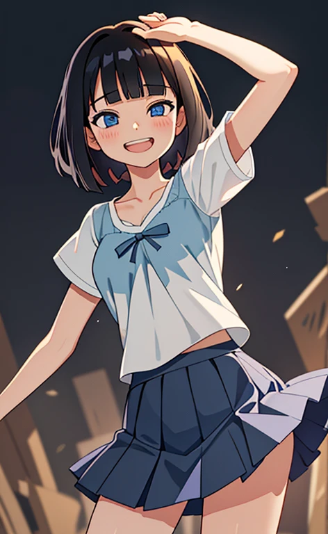 (masterpiece:1.4、top-quality、illustration:1.4,realistic、)、(character focus、breast focus,cowboy shot:1.3)、(1girl),(Open mouth grin:1.3),(half closed eyes),cute face,blue eyes、()、
,(stand:1.4),(Shining smile),
,(slender),(white camisole,very short pleated miniskirt:1.3),
(black middle hair:1.6,blunt bangs,),(), (medium breasts:1.3)、
、slender、