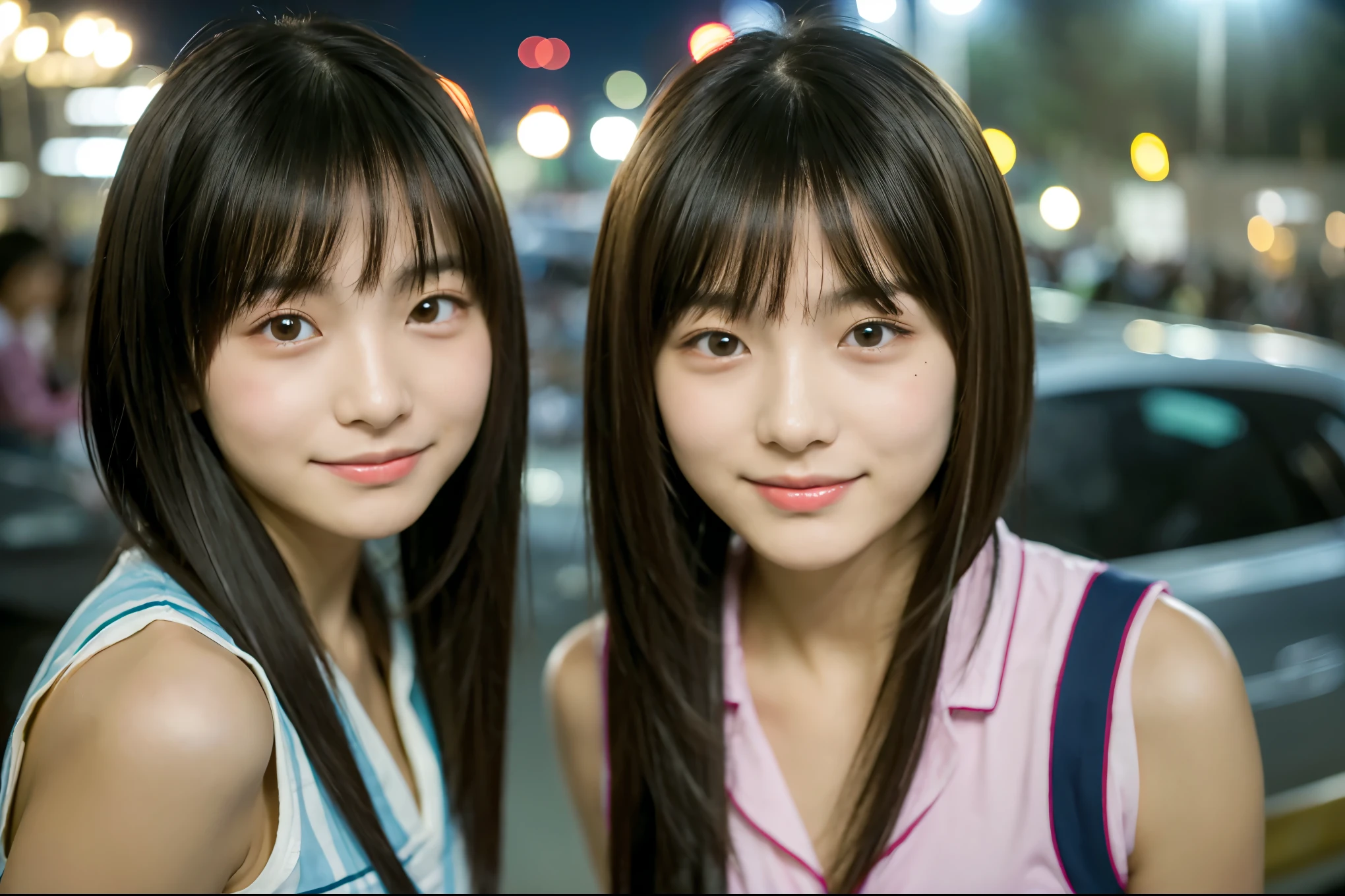 Very detailed super high quality super high quality Surreal photograph 3 Japanese girls Very detailed (Each girl has a different hairstyle randomly、A different face:1.3) smile Fair skin 16 years old ((Half-open lips:1.3)) Beautiful and soft skin ((Beautifully styled straight short hair)) Beautiful and perfect body very cute Beautiful young man with clear skin々New Skins 16 years old (High school girl wearing a sleeveless shirt) Big Breasts whole body Everyday City Busy city ((night)) audience'perspective Front view (Big Breasts:1.3) (Cleavage) (Amazingly cute girl:1.3) (whole bodyポートレート)