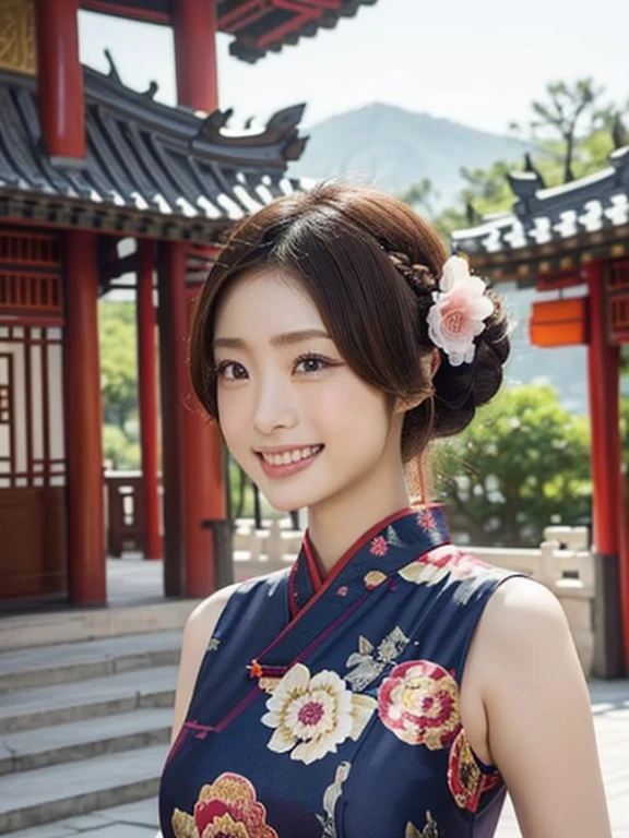 (uetoaya), With the grandeur of the palace as a backdrop、A young female model wearing a traditional Chinese dress、Please generate with upper body camera angle。Her hairstyle is "chinese buns"（Chinese bun hairstyle）and、It is tied to a high position。Her dress is、Cool and vibrant colors、Incorporating traditional Chinese design。especially、Sleeveless（Sleeveless）Please pay attention to the design。She is smiling at the camera、He has a confident expression on his face。彼女のポーズは優雅and、A perfect blend of traditional and modern beauty。The palace in the background、Creates an ancient Chinese atmosphere、It matches her outfit。