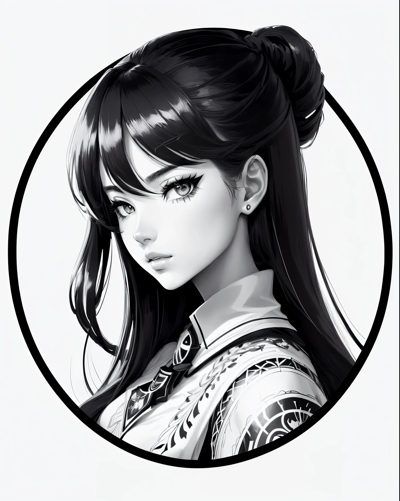 a black and white drawing of a woman with long hair, black and white vector art, vector shaded anime, clean line art, portrait knights of zodiac girl, intense line art, anime girl portrait profile, extremely fine ink lineart, black and white line art, black on white line art, black and white manga style, anime woman headshot profile