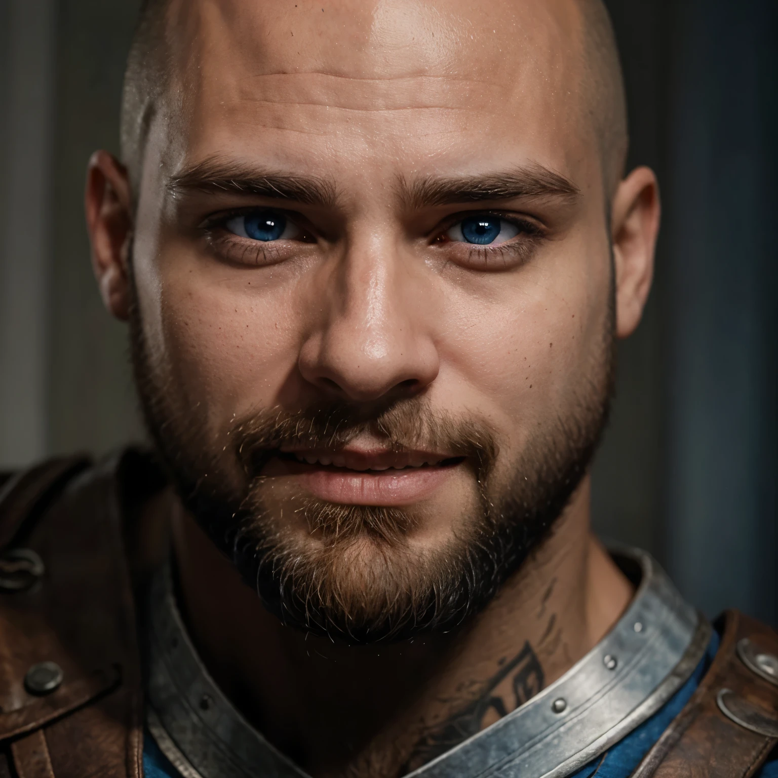Mann, Glatze, Kratos Bemalung, blaue Augen , kind eyes, smiles a little brown beard