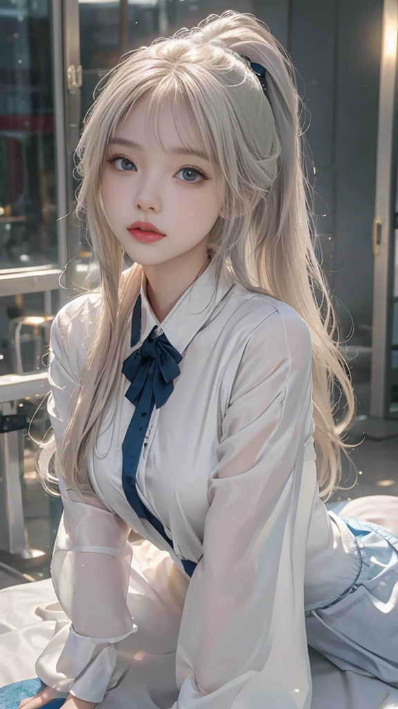 Cute girl sitting on the ground with her head in her hands, visual of a cute girl, the cute girl is crouching, elf girl, pretty character, female pretty character, an elf, high quality realistic artstyle, a portrait of an elf, young pretty girl. Realistic.