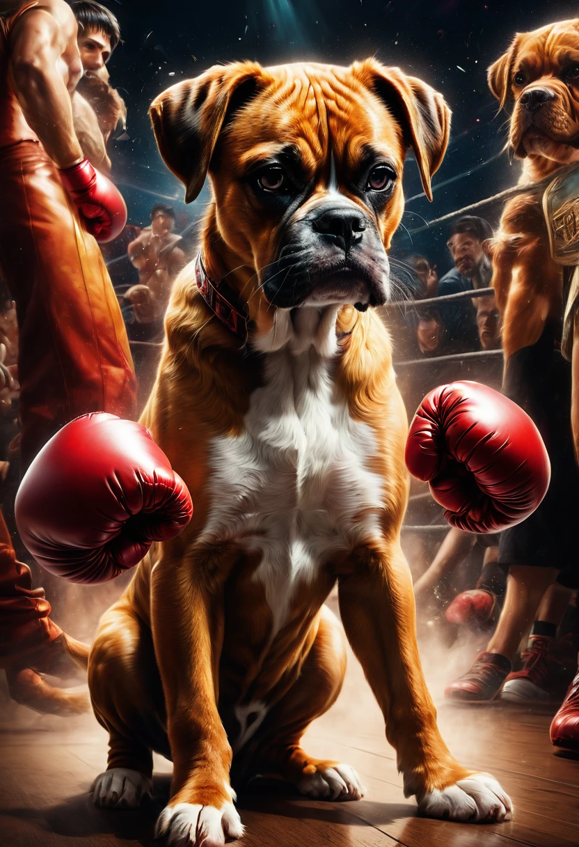 Boxing Match, aesthetic, Anthropomorphic boxer dog as a boxer, boxing, hyperdetailed, hyperrealism volumetric lighting, Epic cinematic brilliant stunning intricate meticulously detailed dramatic atmospheric maximalist digital matte painting