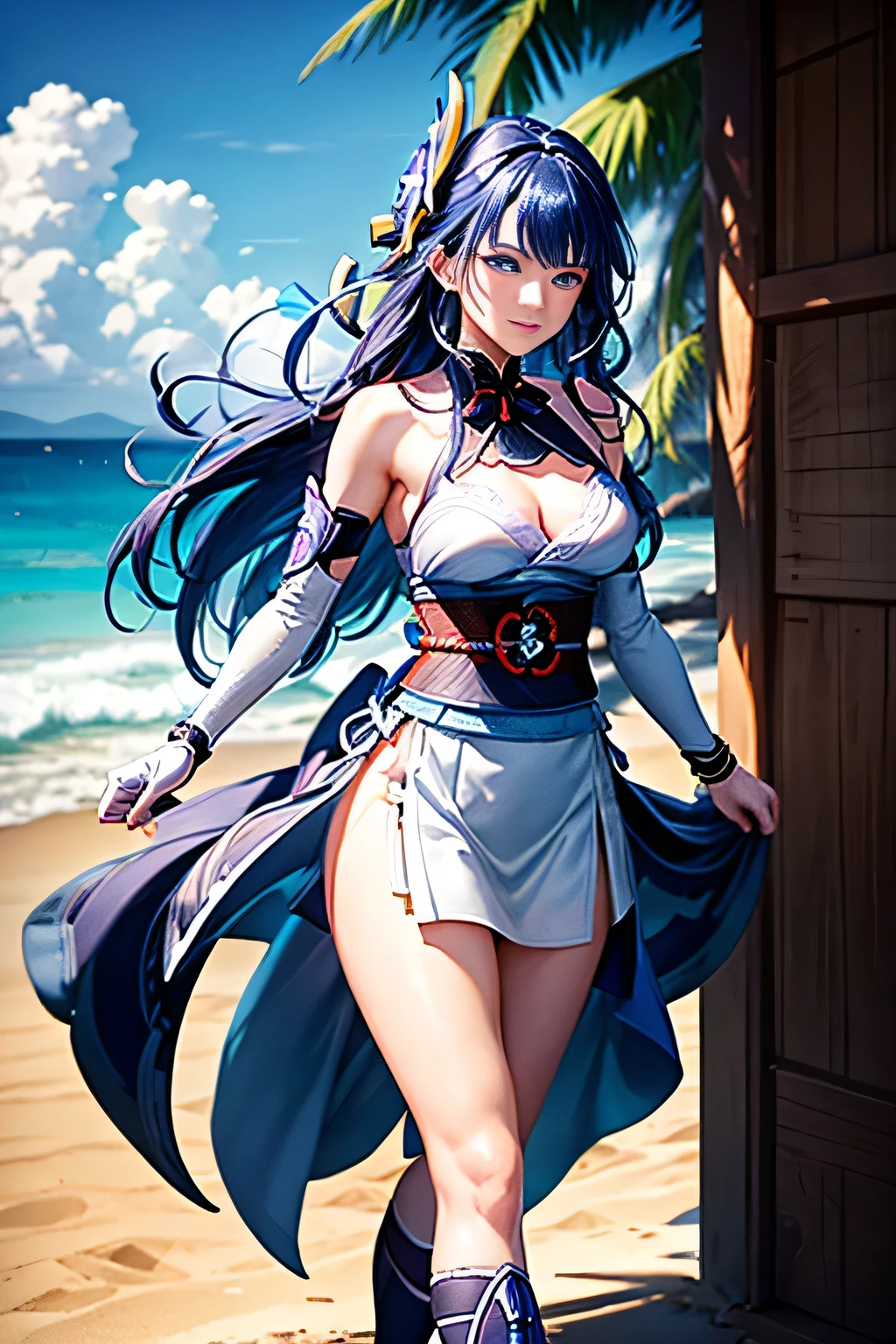 ((Raiden Shogun in Genshin Impact)),((semi long beautiful dark blue hair,beautiful blue eyes)),
((white shirt, white beautiful skirt)),low angle,from below,((masterpiece, highest resolution,best quality)),(solo),(walking around the beach),innocent smile, white over-kneehighs,Lace chalker, wristband, fingerless gloves, over-kneehighs,
Lace chalker, diamond necklace,wristband, fingerless gloves, earrings, very windy,cinematic lighting, beach, sand, blue sky, waves, coconut tree,(looking at the viewer),innocent smile,cinematic lighting and pause,