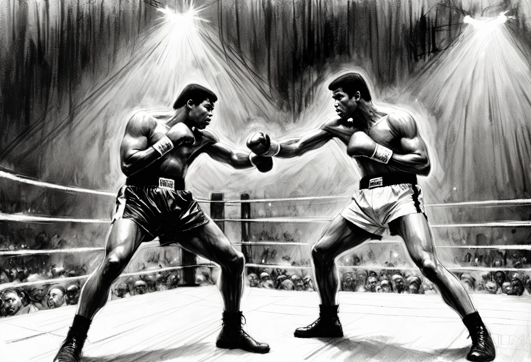 A Ch4rc04l sketch of a boxing match in progress, upper body shot of "the rumble in the jungle" between Muhammad Ali and George Foreman. Two fighters are in the ring, with one fighter delivering a punch to the other's midsection. The fighter on the receiving end appears to be in a defensive stance and bending forward as the punch lands. The setting appears to be an indoor arena with a large audience in the background. The ch4rc04l provide a contrast with the stark violence of the scene. The fight is taking place on a blisteringly hot night in the heart of the African capital city of Kinshasa. 