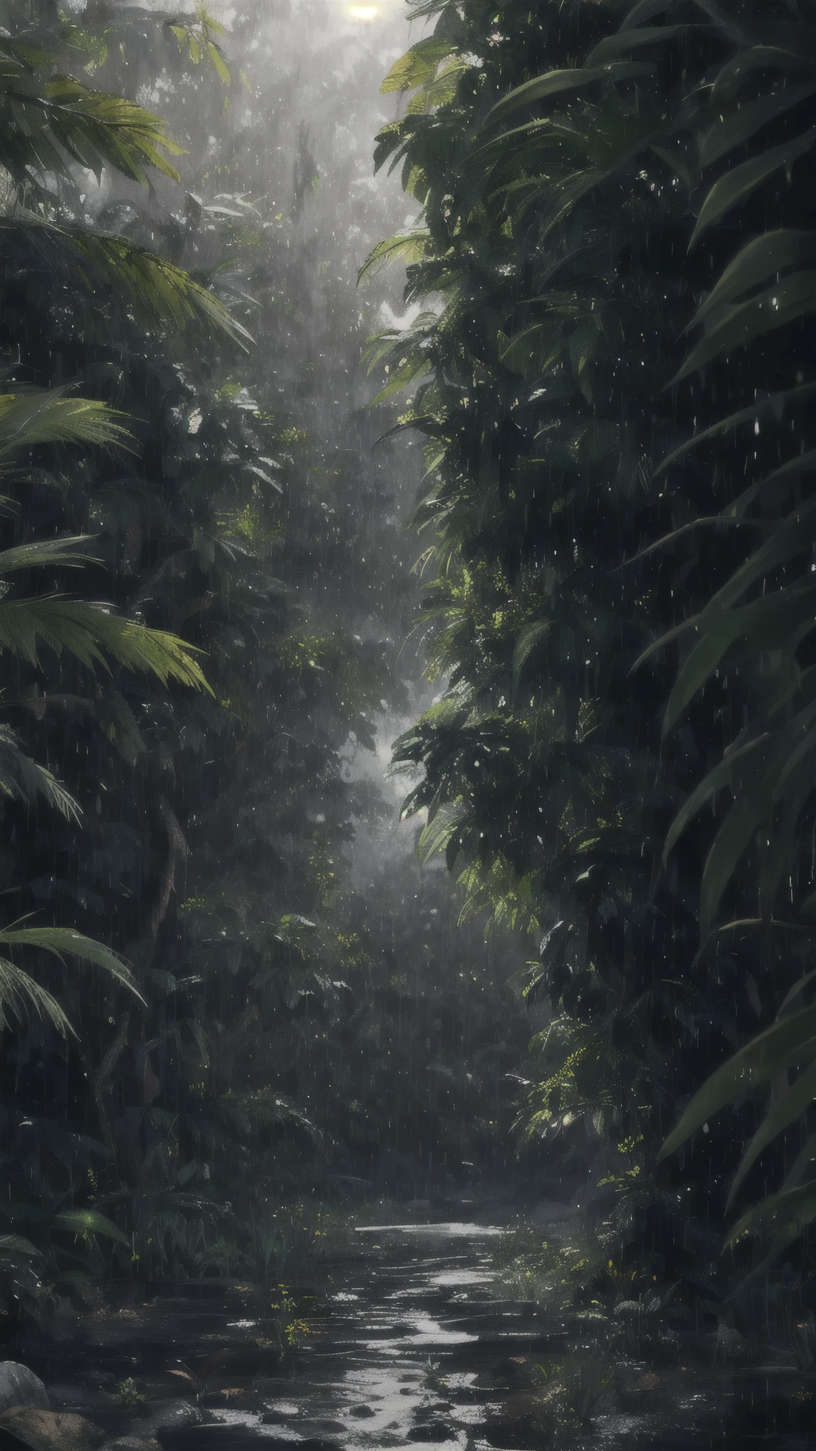 A jungle, with intense rainfall, monochromatic, vines all around, giant and wet trees, masterpiece, best quality, high quality, extremely detailed CG unity 8k wallpaper, oil paiting, award winning photography, Bokeh, Depth of Field, HDR, bloom, Chromatic Aberration ,Photorealistic,extremely detailed, trending on artstation, trending on CGsociety, Intricate, High Detail, dramatic, art by midjourney, volumetric lighting