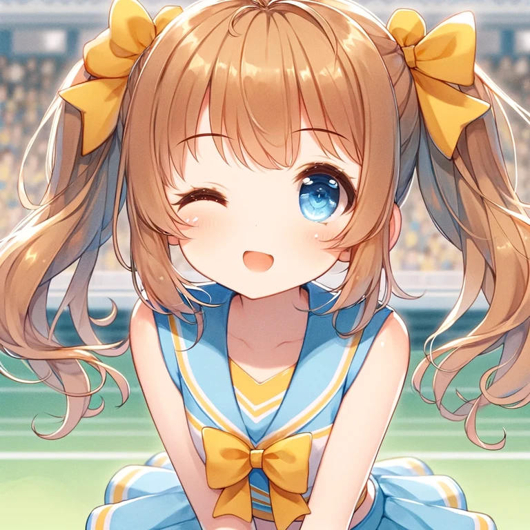 1 girl, , Medium Hair, (Shiny golden hair:1.3), (Low twin tails:1.3), (Asymmetrical Hair:1.3), No accessories included, slim, (Baby Face:1.Cute eyes, sky blue eyes, Pointy Nose,
Break Flat, High quality illustration style,
Break on the stadium grounds, Cheerleader Costume (Lemon chiffon and sky blue), Dancing, Close one eye and wink