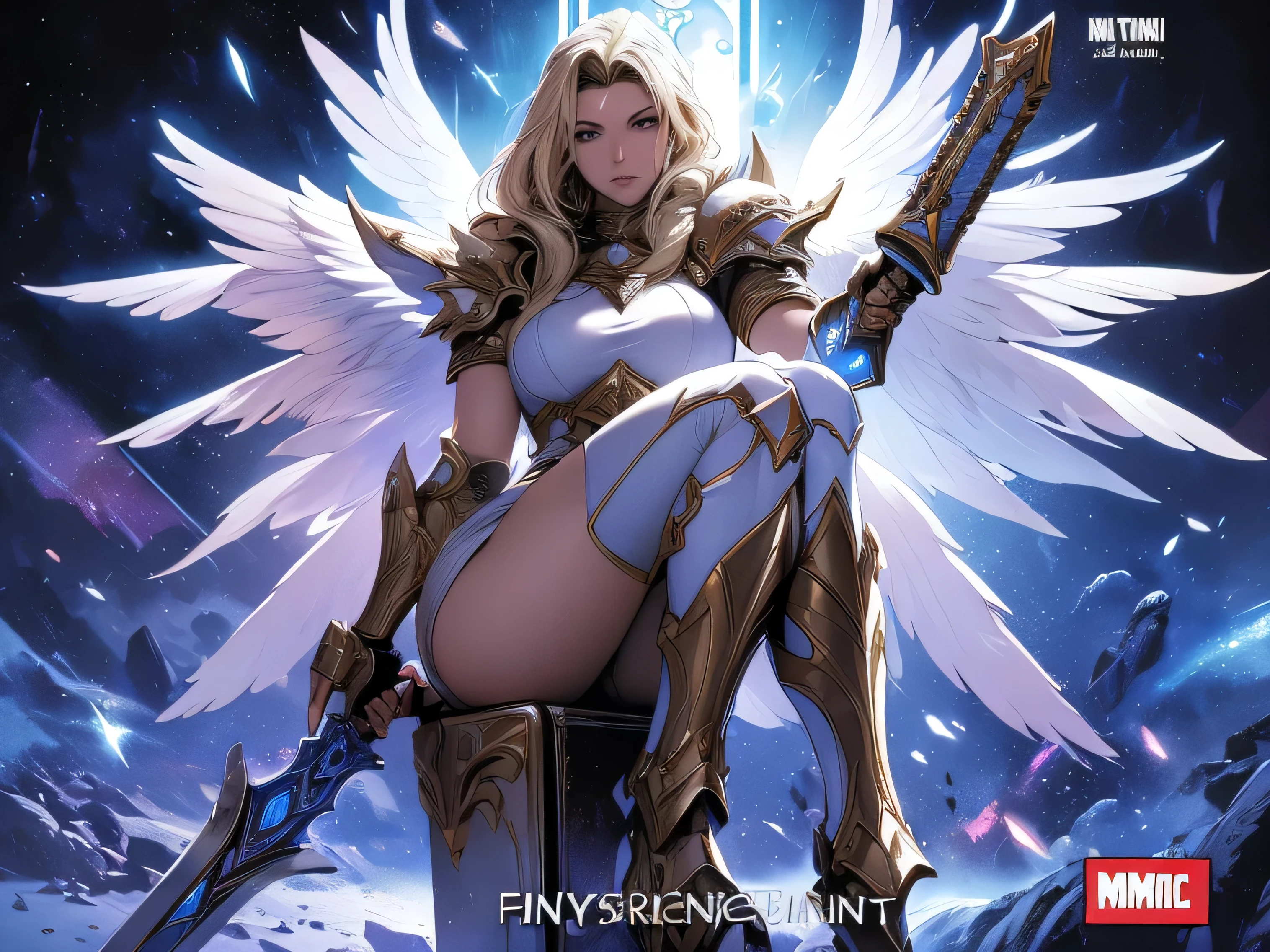 (Comic book cover art: 1.5), an female archangel prepared for battle, an extremally beautiful warrior angel, ultra feminine, long hair, blond hair, braided hair, wearing divine heavy armor, (white armor: 1.2), (angel wings: 1.2) spread, aremed with fantasysword sword, sword covered with blue fire, 16k, RAW, ultra wide shot, photorealism, depth of field, hyper realistic, 2.5 rendering, comic cover, full body