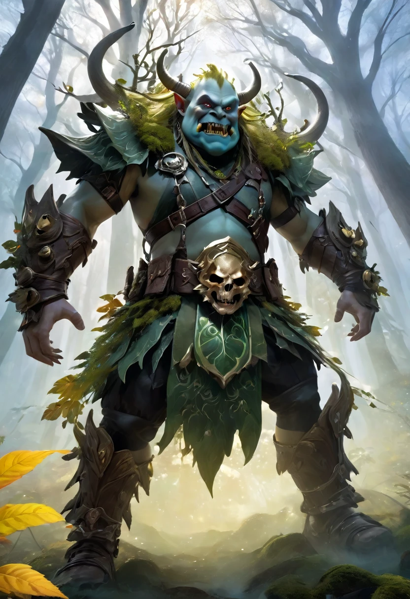 close up:1.3, (masterpiece:1.5),(best quality:1.6), (Ultra-high resolution:1.4), Strong Ogre, Dynamic poses, With leather shoulder pads and bones, Large, sharp fangs, Skull belt , Loincloth, Detailed description, Wheels within wheels, Idyllic, magic elves in the forest:1.5, landscape, Energetic colors, sunrise, 阳光穿过Trees, Leaves fall from the tree, Dew on leaves and plants, cloud, (( magic, fair, Otherworldly, Trees:1.4 )), (( best quality, Energetic, 32k, Clear and well-defined shadows)).