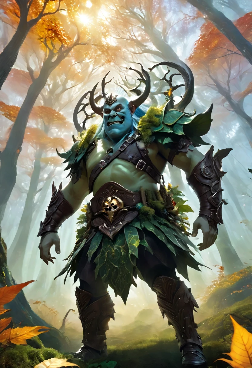 close up:1.3, (masterpiece:1.5),(best quality:1.6), (Ultra-high resolution:1.4), Strong Ogre, Dynamic poses, With leather shoulder pads and bones, Large, sharp fangs, Skull belt , Loincloth, Detailed description, Wheels within wheels, Idyllic, magic elves in the forest:1.5, landscape, Energetic colors, sunrise, 阳光穿过Trees, Leaves fall from the tree, Dew on leaves and plants, cloud, (( magic, fair, Otherworldly, Trees:1.4 )), (( best quality, Energetic, 32k, Clear and well-defined shadows)).