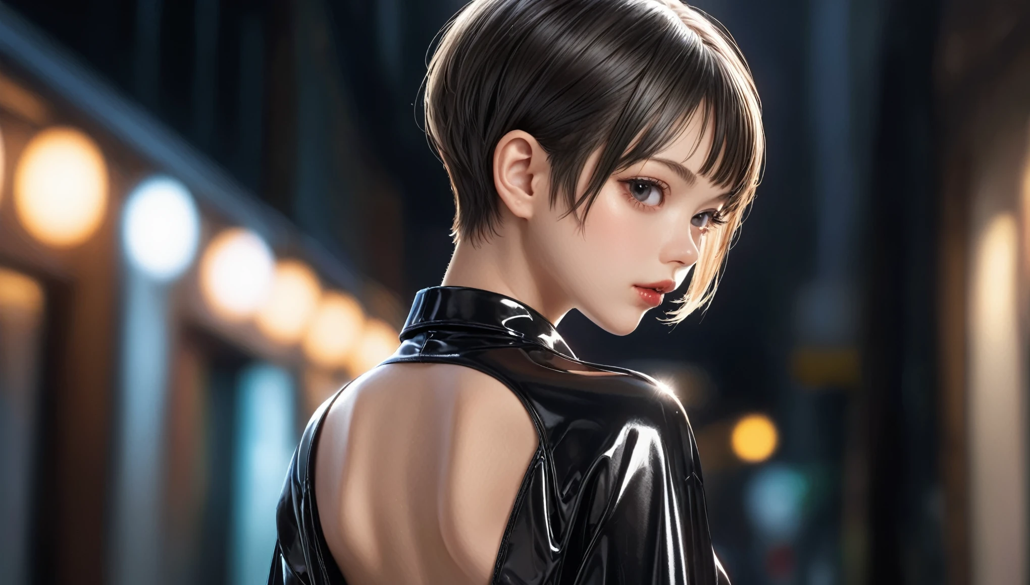 Top Quality, Masterpiece, High Resolution, 8k, (((skinny girl, oversized shiny rubber shirt, bare back, hot pants, small perky breasts, beautiful detailed eyes, beautiful detailed lips, small closed mouth, extremely detailed face, pixie side shaved hair cut, small hips, full body)))