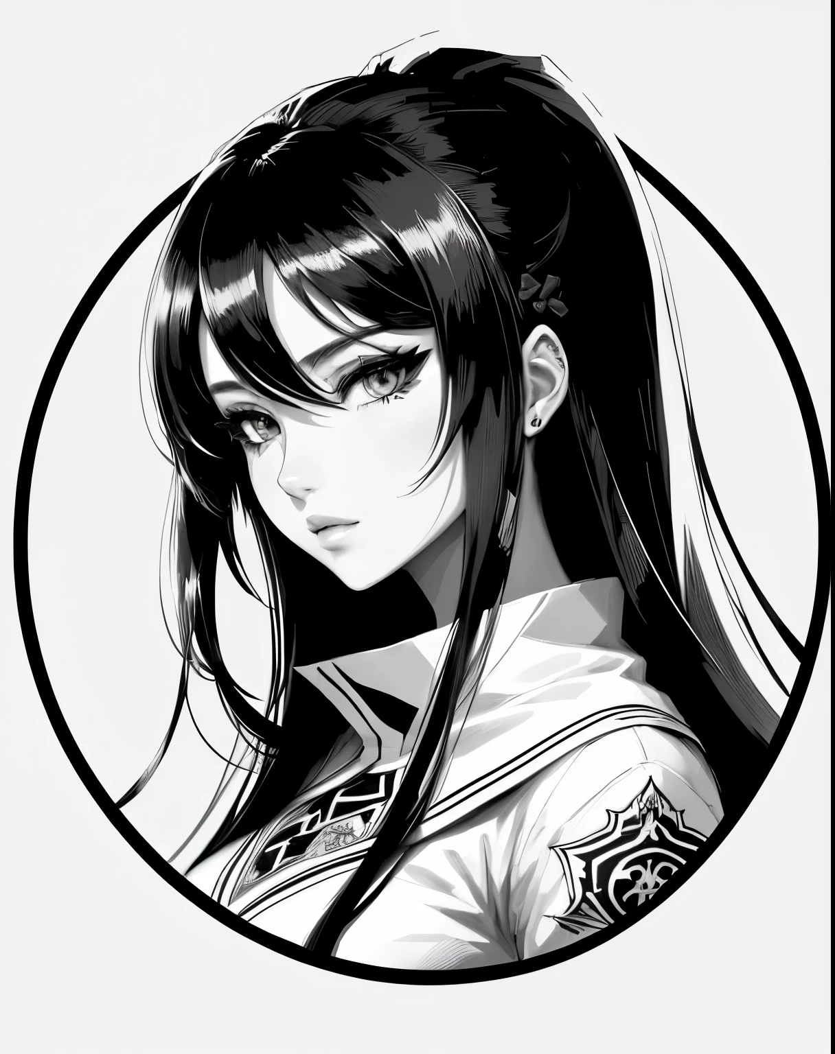 a black and white drawing of a woman with long hair, black and white vector art, vector shaded anime, clean line art, portrait knights of zodiac girl, intense line art, anime girl portrait profile, extremely fine ink lineart, black and white line art, black on white line art, black and white manga style, anime woman headshot profile  svg 2 colors black and white  very thin lines