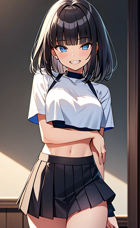 Highest quality,wonderful,finely,Highly detailed CG Unity 8k wallpaper, (1 Girl,Black Hair, blue eyes,short hair, Double Bang), (Small breasts:1.2), (Black T-shirt:1.1), (clavicle:1.1), Shorts、Smiling Kindly、smile、 (Mouth「or」Open in the form of pronunciation:1.2), (zettai ryoruiki:1.2),(narrow:1.2), (Are standing:1.2)、(((Solid white background)))、Facing the camera