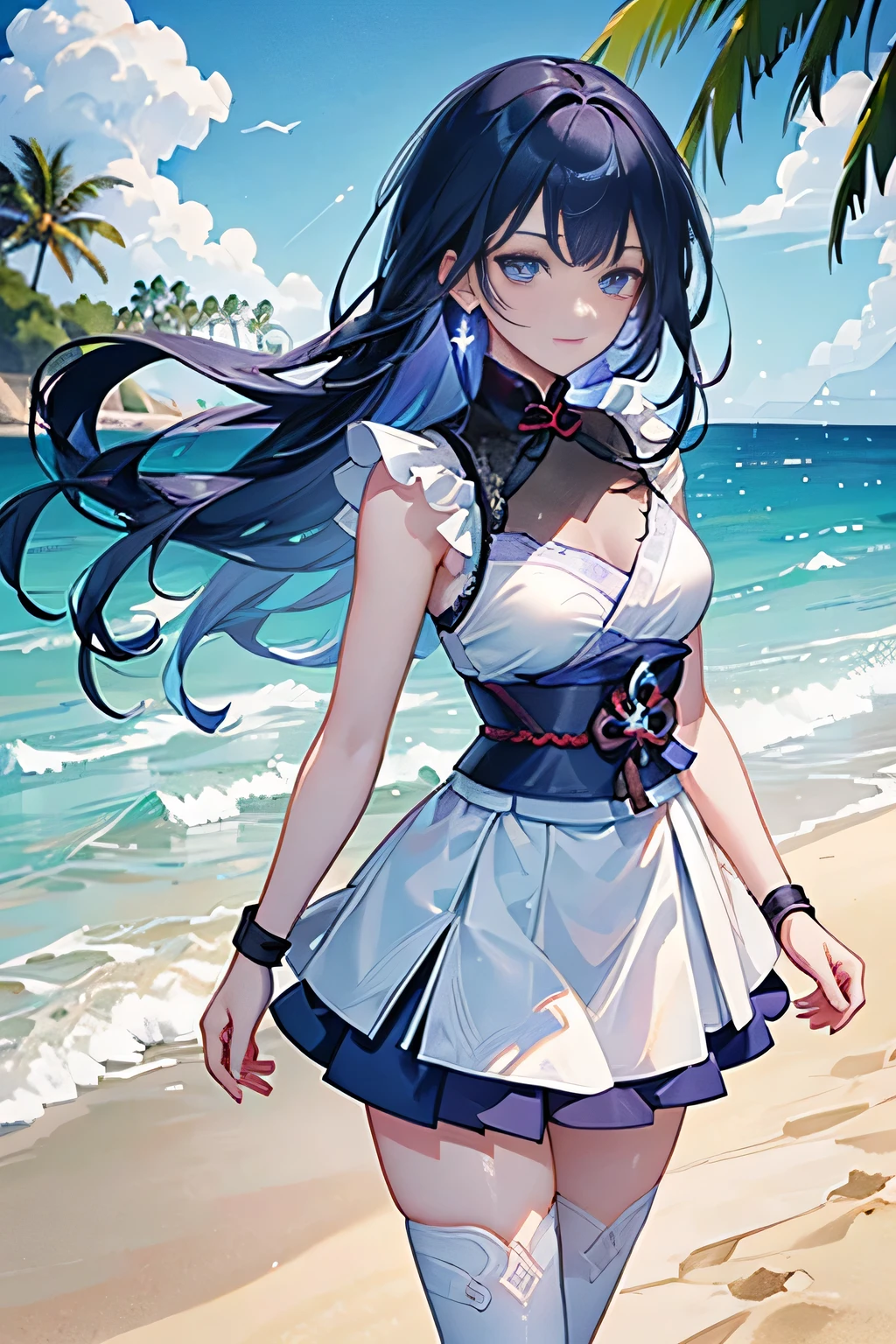 ((Raiden Shogun in Genshin Impact)),((semi long beautiful dark blue hair,beautiful blue eyes)),
((white shirt, white beautiful skirt)),low angle,from below,((masterpiece, highest resolution,best quality)),(solo),(walking around the beach),innocent smile, white over-kneehighs,Lace chalker, wristband, fingerless gloves, over-kneehighs,
Lace chalker, diamond necklace,wristband, fingerless gloves, earrings, very windy,cinematic lighting, beach, sand, blue sky, waves, coconut tree,(looking at the viewer),innocent smile,cinematic lighting and pause,