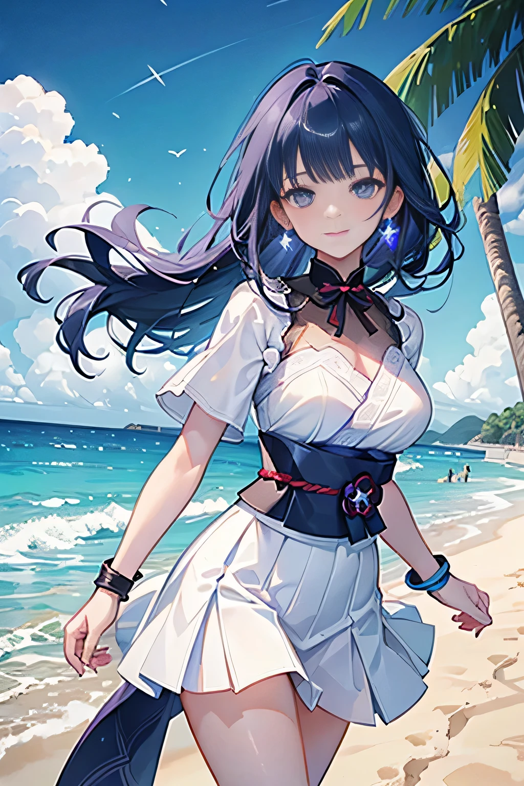 ((Raiden Shogun in Genshin Impact)),((semi long beautiful dark blue hair,beautiful blue eyes)),
((white shirt, white beautiful skirt)),low angle,from below,((masterpiece, highest resolution,best quality)),(solo),(walking around the beach),innocent smile, white over-kneehighs,Lace chalker, wristband, fingerless gloves, over-kneehighs,
Lace chalker, diamond necklace,wristband, fingerless gloves, earrings, very windy,cinematic lighting, beach, sand, blue sky, waves, coconut tree,(looking at the viewer),innocent smile,cinematic lighting and pause,