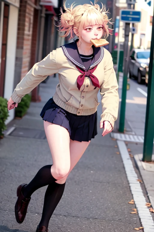 masterpiece, best quality, a girl, serafuku, blue bow, pleated skirt, blue socks, loafers, city street, running, toast in mouth,