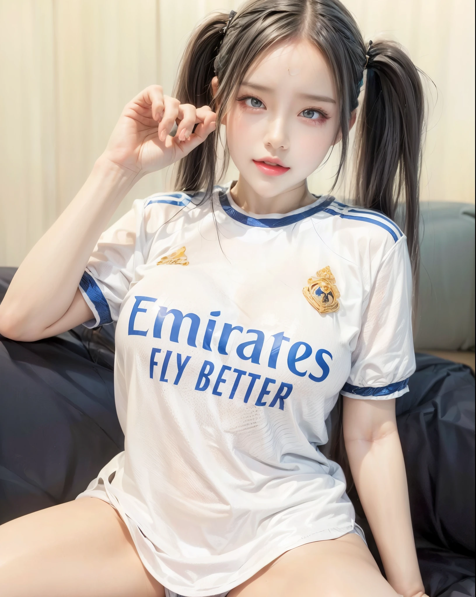 realistic, 1gril, per HD, 12k, beautiful breasts, looking at the camera, sitting on the sofa, long black hair, facial details, detailed person, body details, clothing details, hair details, body details, body details, breast details, vagina details, clothes, eye details, sweat details, water details, pose (knees bent and legs wide apart) whole body