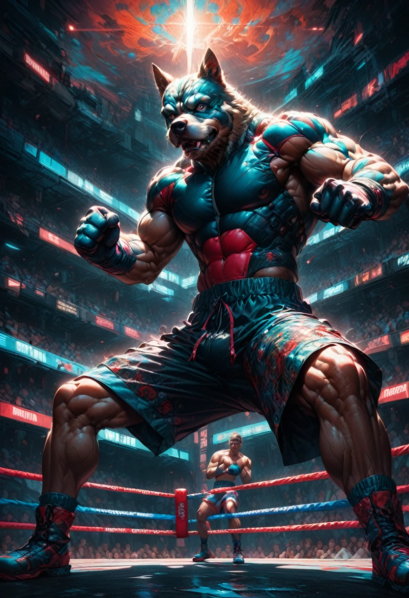 Boxing Match, aesthetic, Anthropomorphic boxer dog as a boxer, boxing, hyperdetailed, hyperrealism volumetric lighting, Epic cinematic brilliant stunning intricate meticulously detailed dramatic atmospheric maximalist digital matte painting