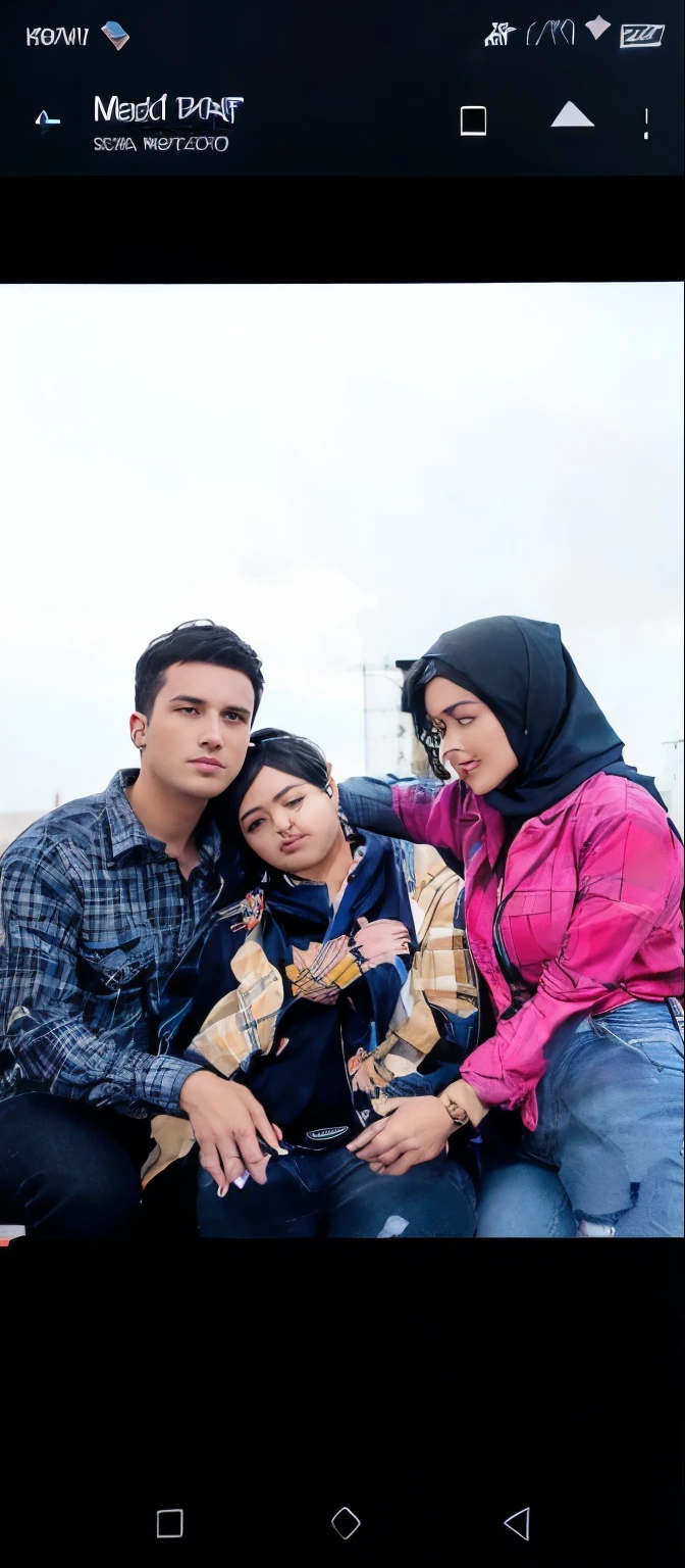 1.((man with short black hair, wearing a blue checkered shirt, wearing black jeans, medium build))
2.((small , short black hair, wearing a blue jacket, wearing black jeans, medium small build))
3.((a woman with a slightly fat body, wearing a dark blue headscarf, wearing a pink shirt, wearing light blue jeans))