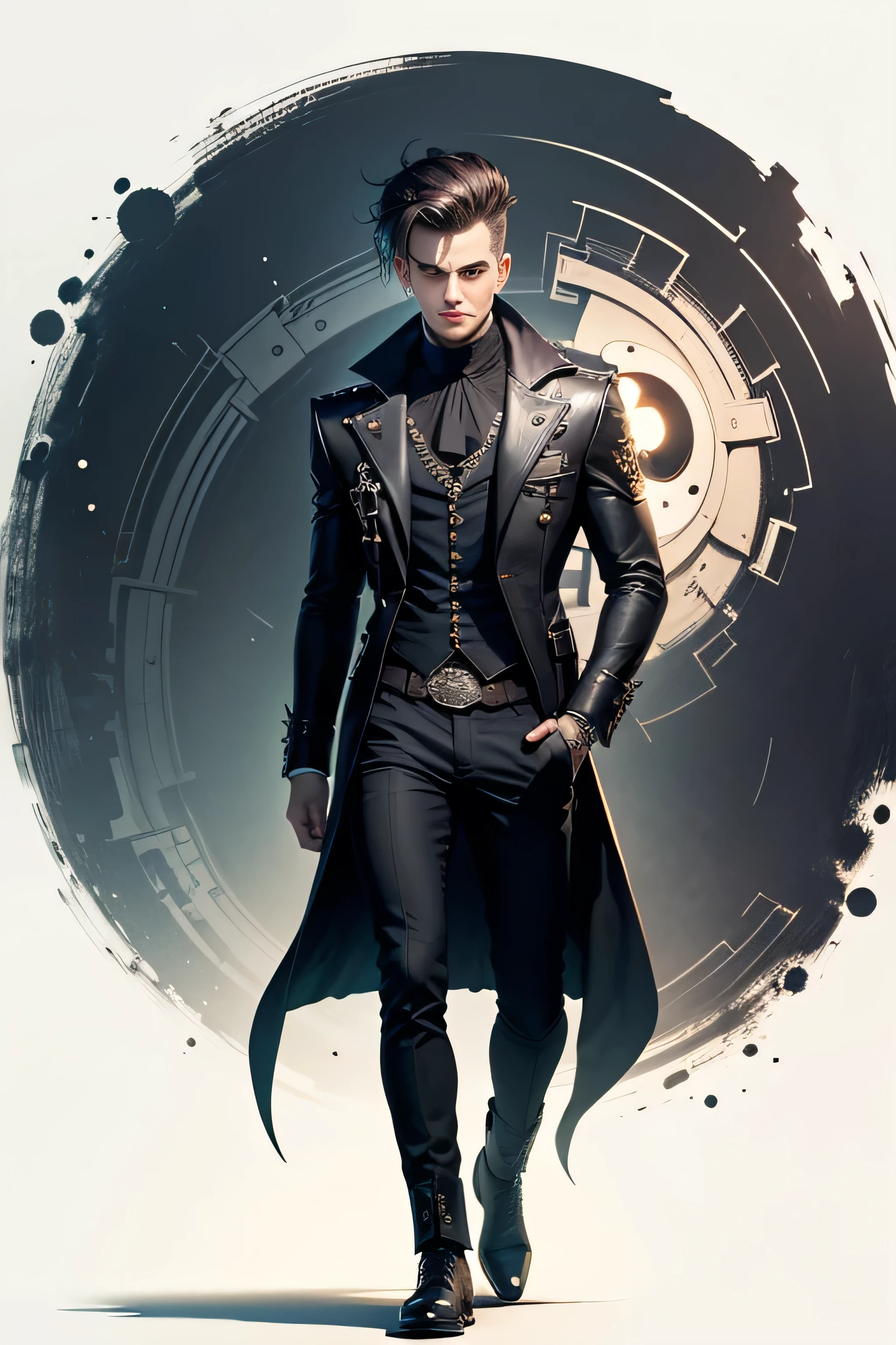 Create an extravagant full-body portrayal of a guy in Gothic style, emphasizing the "guy" theme. The design should feature Gothic elements such as lace, ribbons, and Victorian details, showcasing an elegant and intricate style. Utilize a color palette of black, white, and pastel tones to capture the unique Gothic aesthetic. The design must be eye-catching, with the guy centered in the image against a white background. She should fit well within the space, ensuring she does not touch the edges of the canvas. No text should be included in the image.