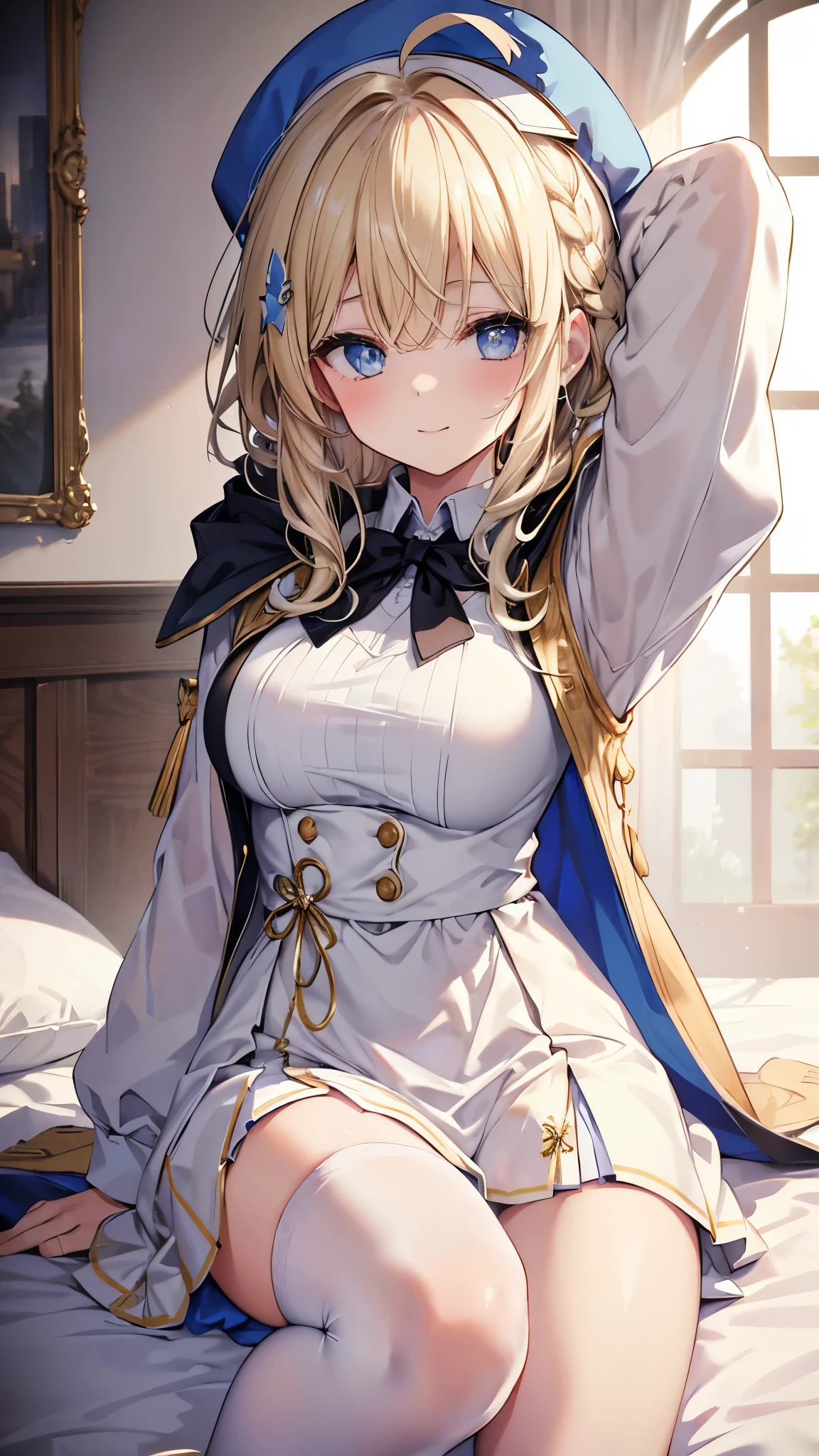 masterpiece, One girl, Sparrow, Blonde girl, Wearing white medieval maiden clothes, Curly medium hair, Messy Hair, The body is slim, Wearing a hoodie and a golden cape, He closed her left eye., shirt decoration, Captivating smile, blue eyes, Show me her back, Ahoge, Black vest, Baby Face, Large Breasts, Beautiful breasts, Round Breasts, Braid, White nurse cap, Long sleeve, Seductive eyes, White Stockings, Droopy eyes, mini skirt, Brown Skirt, Checked skirt, Place one knee on the bed