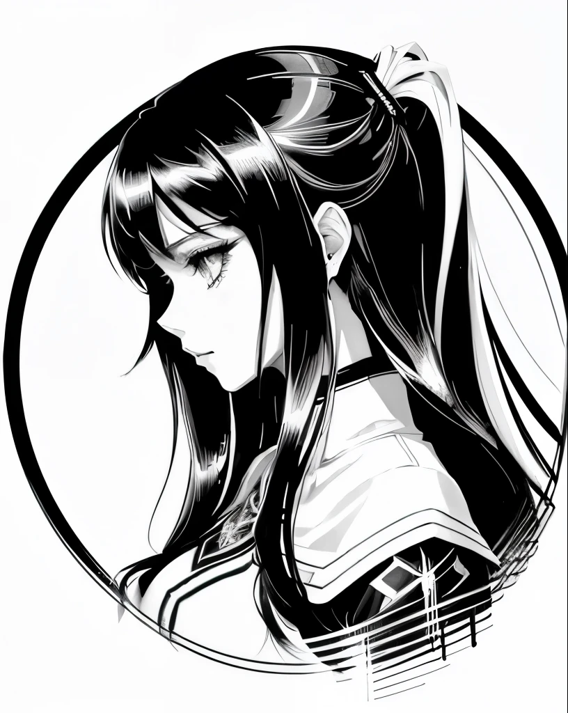 very thin lines a black and white drawing of a woman with long hair, black and white vector art, vector shaded anime, clean line art, portrait knights of zodiac girl, intense line art, anime girl portrait profile, extremely fine ink lineart, black and white line art, black on white line art, black and white manga style, anime woman headshot profile  svg 2 colors black and white  very thin lines