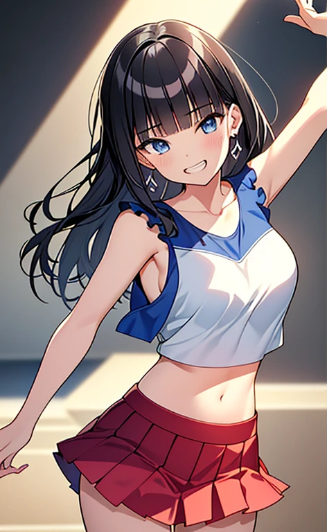 asuka tanaka, perfect face, detailed, 8k, masterpiece, (ultra high quality), black tanktop, denim short, mini short, big breast, tongue, pieces hand pose