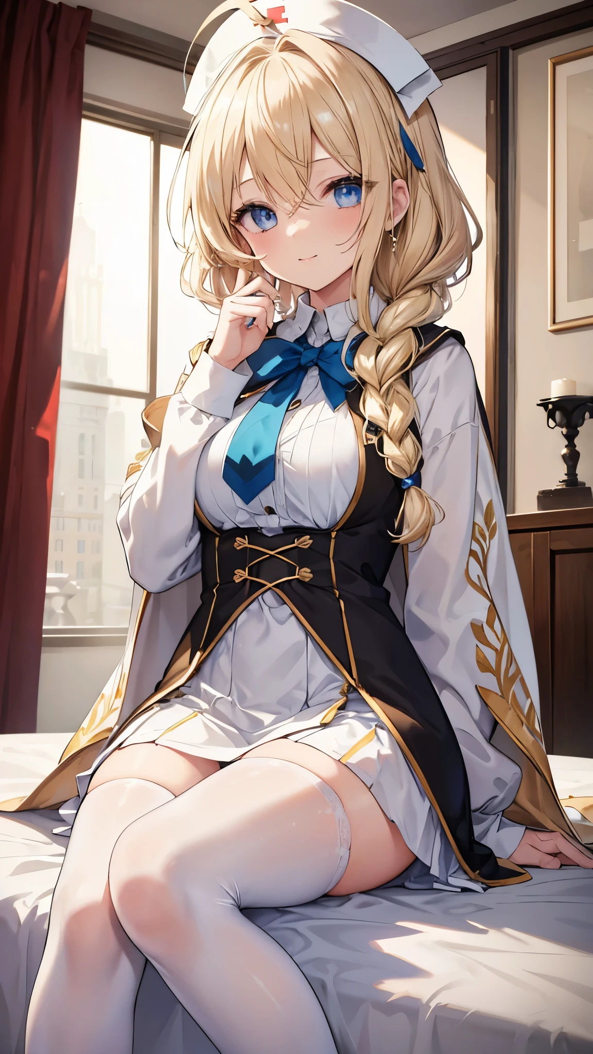 masterpiece, One girl, Sparrow, Blonde girl, Wearing white medieval maiden clothes, Curly medium hair, Messy Hair, The body is slim, Wearing a hoodie and a golden cape, He closed her left eye., shirt decoration, Captivating smile, blue eyes, Show me her back, Ahoge, Black vest, , Large Breasts, Beautiful breasts, Round Breasts, Braid, White nurse cap, Long sleeve, Seductive eyes, White Stockings, Droopy eyes, mini skirt, Brown Skirt, Checked skirt, Place one knee on the bed