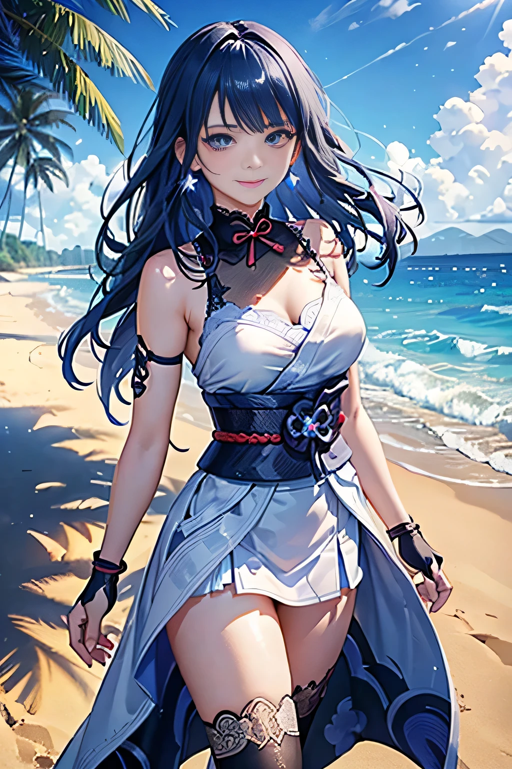 ((Raiden Shogun in Genshin Impact)),((semi long beautiful dark blue hair,beautiful blue eyes)),
((white shirt, white beautiful skirt)),low angle,from below,((masterpiece, highest resolution,best quality)),(solo),(walking around the beach),innocent smile, white over-kneehighs,Lace chalker, wristband, fingerless gloves, over-kneehighs,
Lace chalker, diamond necklace,wristband, fingerless gloves, earrings, very windy,cinematic lighting, beach, sand, blue sky, waves, coconut tree,(looking at the viewer),innocent smile,cinematic lighting and pause,