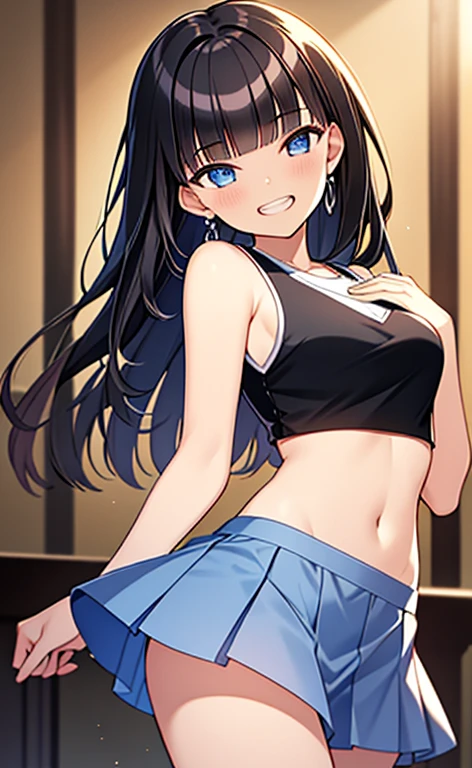 (masterpiece:1.4、top-quality、illustration:1.4,realistic、)、(character focus、breast focus,cowboy shot:1.3)、(1girl),(Open mouth grin:1.3),(half closed eyes),cute face,blue eyes、()、
,(stand:1.4),(Shining smile),
,(slender),(sleeveless white crop top,very short pleated miniskirt:1.3),
(black middle hair:1.6,blunt bangs,),(), (medium breasts:1.3)、
、slender、