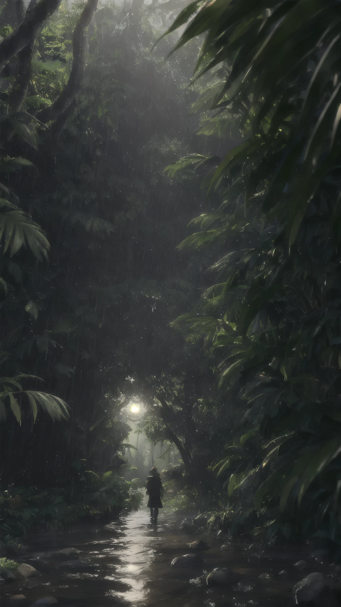 A jungle, with intense rainfall, monochromatic, vines all around, giant and wet trees, masterpiece, best quality, high quality, extremely detailed CG unity 8k wallpaper, oil paiting, award winning photography, Bokeh, Depth of Field, HDR, bloom, Chromatic Aberration ,Photorealistic,extremely detailed, trending on artstation, trending on CGsociety, Intricate, High Detail, dramatic, art by midjourney, volumetric lighting