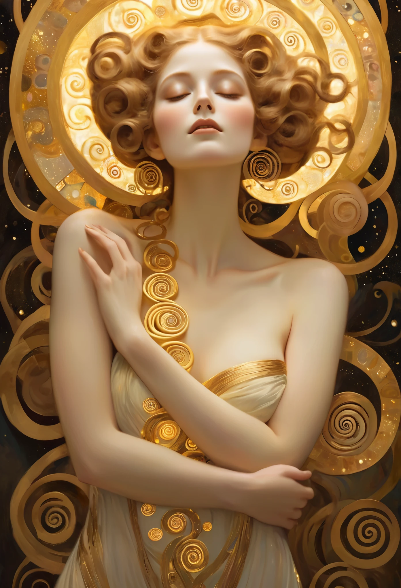 An ethereal woman gracefully adorned with glowing golden spirals, resembling a painting by Gustav Klimt in this poster design.