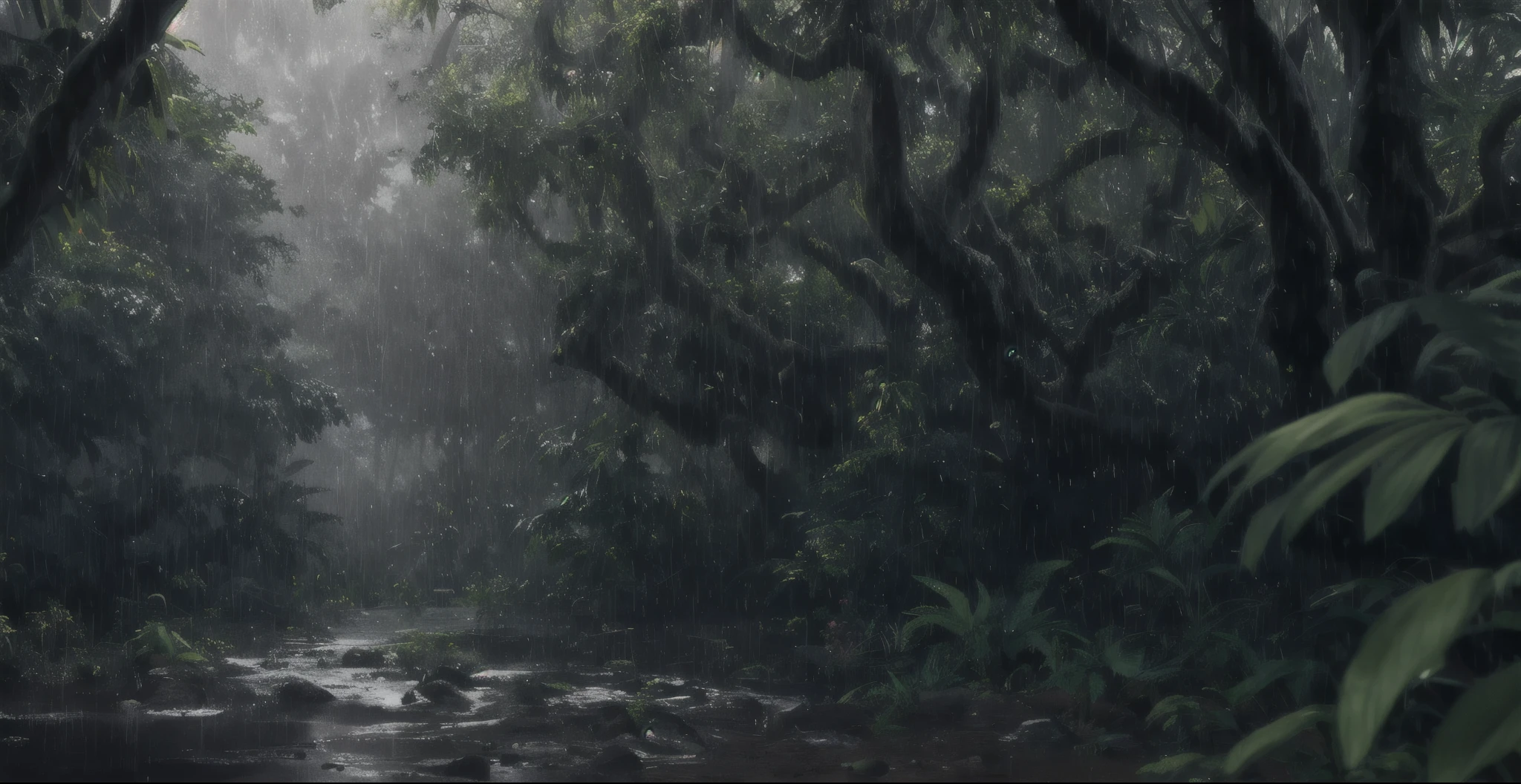 A jungle, with intense rainfall, monochromatic, vines all around, giant and wet trees, masterpiece, best quality, high quality, extremely detailed CG unity 8k wallpaper, oil paiting, award winning photography, Bokeh, Depth of Field, HDR, bloom, Chromatic Aberration ,Photorealistic,extremely detailed, trending on artstation, trending on CGsociety, Intricate, High Detail, dramatic, art by midjourney, volumetric lighting