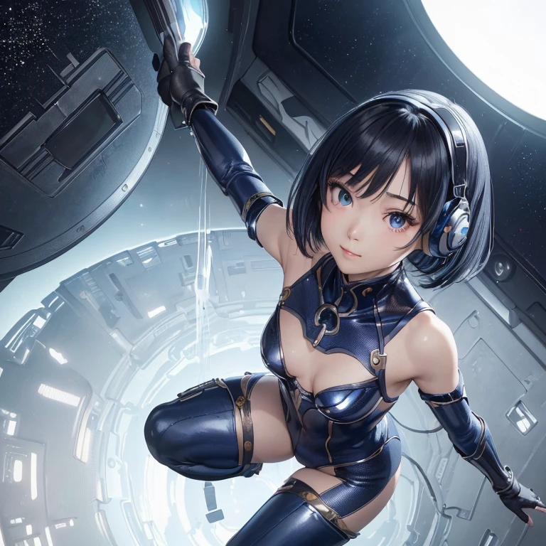 (masterpiece、highest quality、Highest Resolution、clear_image、Detailed explanation、Angle from above): (whole body、One 20 year old girl、The Face of Japan、Small face、thin、navy blue super short bob cut hair、(Hidden Small:1.3)、Sparkling blue eyes、Shiny black and white pilot suit、Chest protection armor、Tight fitting clothes、whole bodyを覆う衣服、Glamorous clothes、Tight Fit Pants、Hide your skin、Very delicate and beautiful、Detailed skin、hide thighs、Hide your ass、cute、A kind smile、Soft look、heroine、headset、Knee-high boots、Elbow-length gloves、Eye-level shot、face directly、Woman on a spaceship)