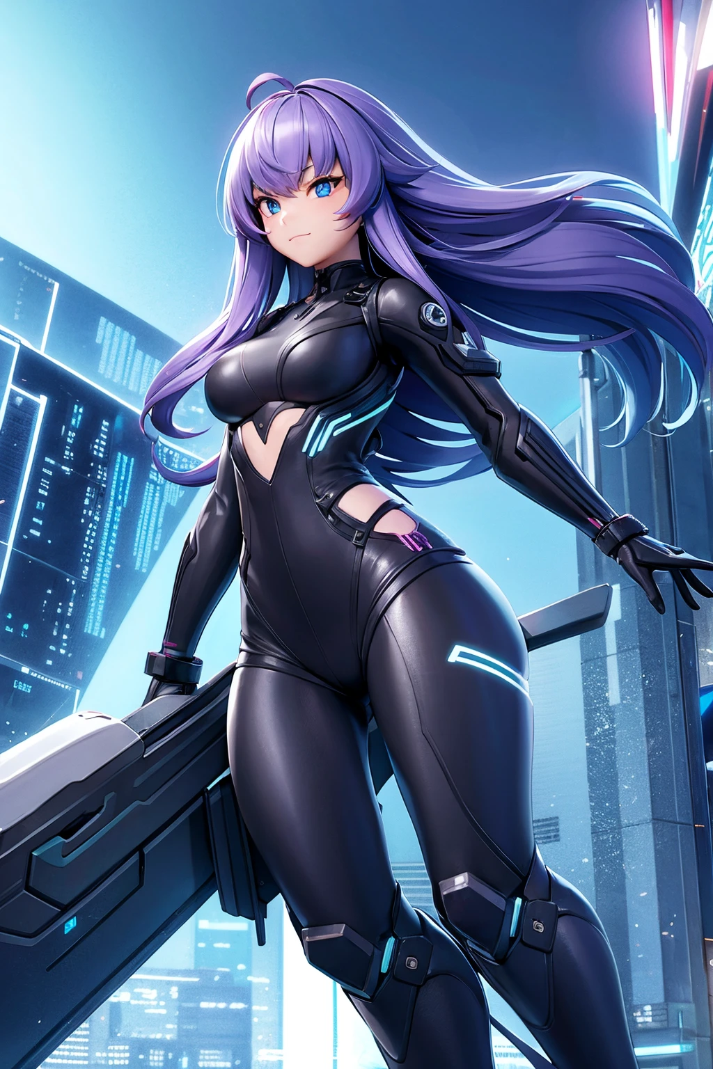A girl in tights cyberpunk futuristic city street, Neon, Skyscraper animation style character design concept 3d