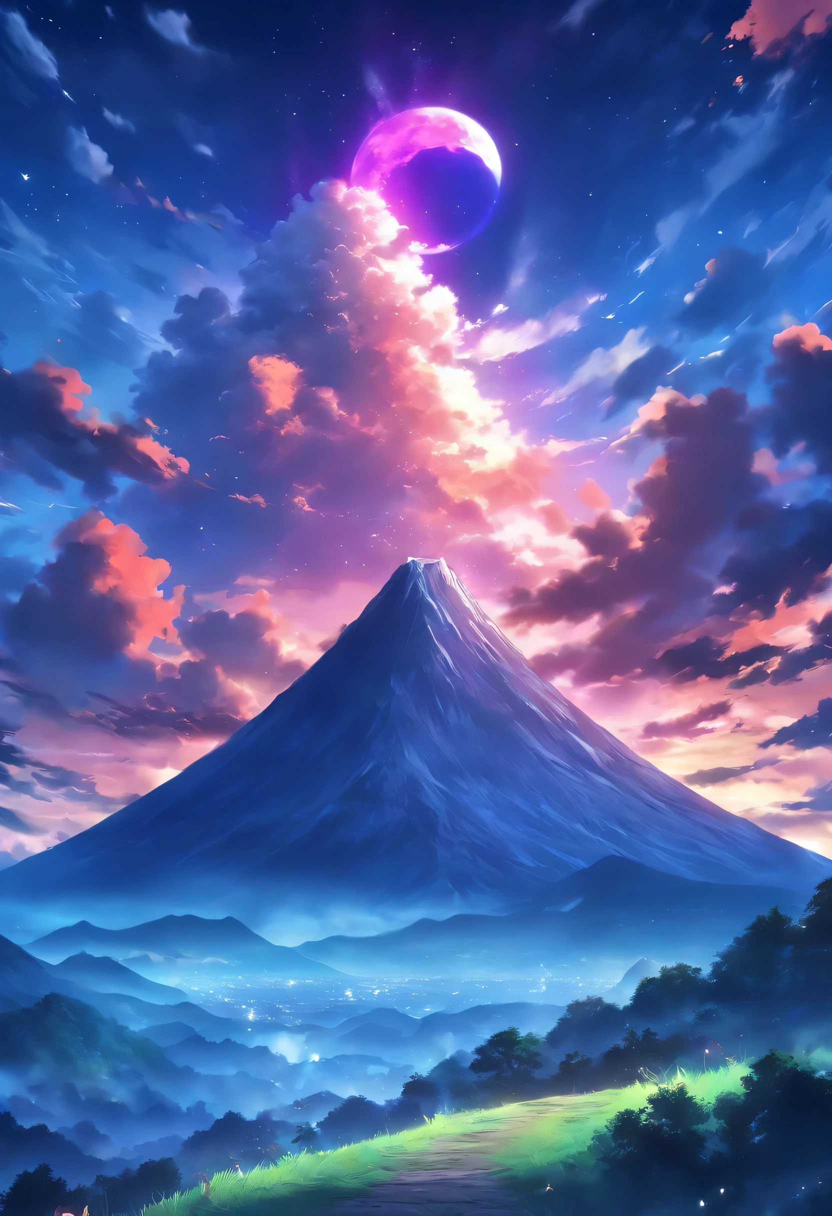 a view of a mountain with a moon in the sky, grass mountain night landscape, nighttime nature landscape, hq 4k phone wallpaper, mountain in the background, beautiful iphone wallpaper, volcano fog, amazing wallpaper, volcano setting, volcano landscape, photography shot at blue hour, nature wallpaper, scenic view at night, stunning nature in background, wallpaper mobile, by Sebastian Spreng