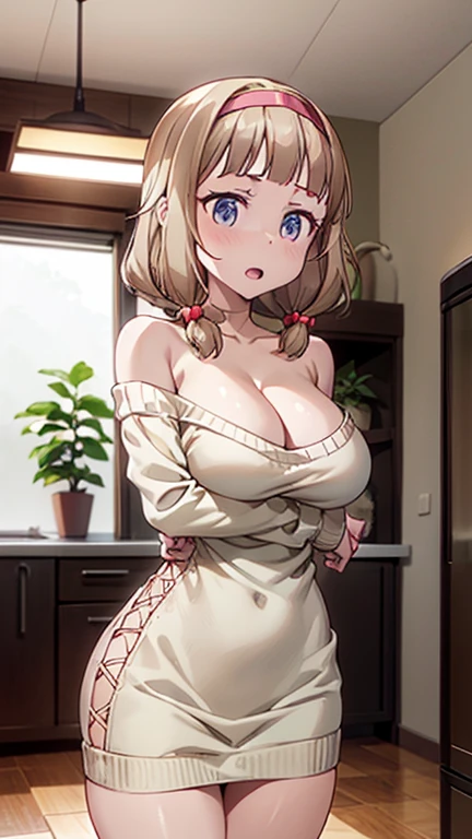masterpiece, yor, 1girl, Amazing Cleavage:1.3, thin waist, big ass, Raised sexy, medium breast: 1.8 posed cleavage:1.2、solo, looking at viewer, open mouth, have a cup of coffee,black hair, red eyes, dress, bare shoulders, jewelry, collarbone, sidelocks, hairband, earrings, indoors, off shoulder, :o, sweater, arms behind back, plant, short hair with long locks, white hairband, off-shoulder dress, sweater dress, off-shoulder sweater, red sweater, big side hair, very long side hair,is rendered in (masterpiece: 1.2, best quality), with (ultra high resolution) and an exquisite (depth of field). This masterpiece is not only visually stunning but also tells, make of cake cooking ,in the kitchen