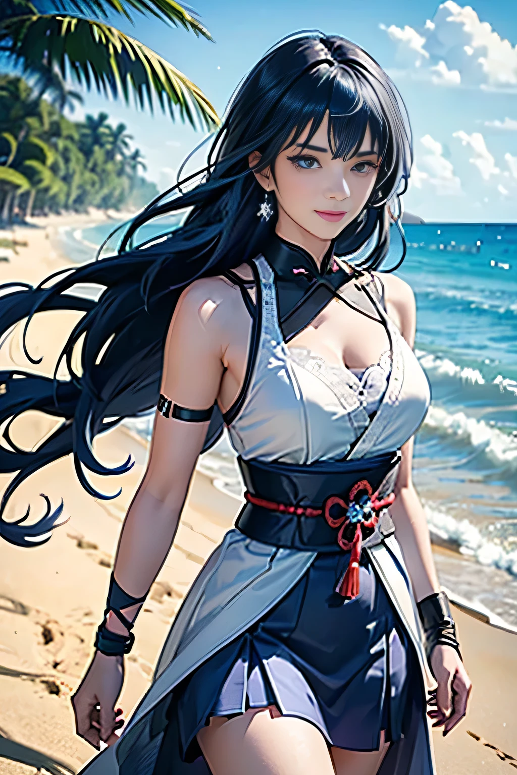 ((Raiden Shogun in Genshin Impact)),((semi long beautiful dark blue hair,beautiful blue eyes)),
((white shirt, white beautiful skirt)),low angle,from below,((masterpiece, highest resolution,best quality)),(solo),(walking around the beach),innocent smile, white over-kneehighs,Lace chalker, wristband, fingerless gloves, over-kneehighs,
Lace chalker, diamond necklace,wristband, fingerless gloves, earrings, very windy,cinematic lighting, beach, sand, blue sky, waves, coconut tree,(looking at the viewer),innocent smile,cinematic lighting and pause,