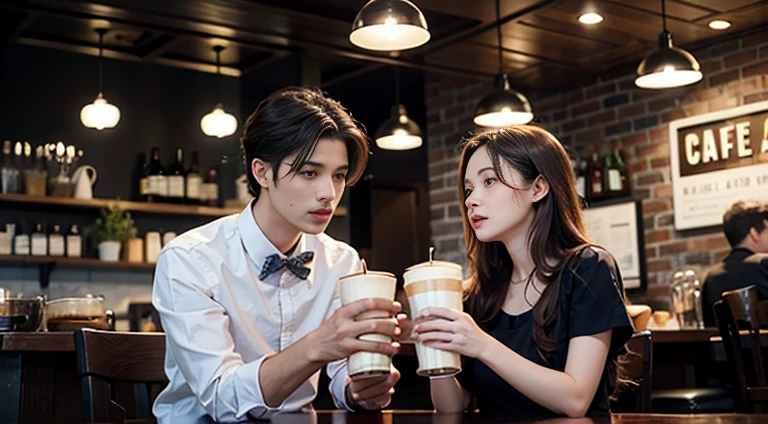 Men and women drinking cafe latte