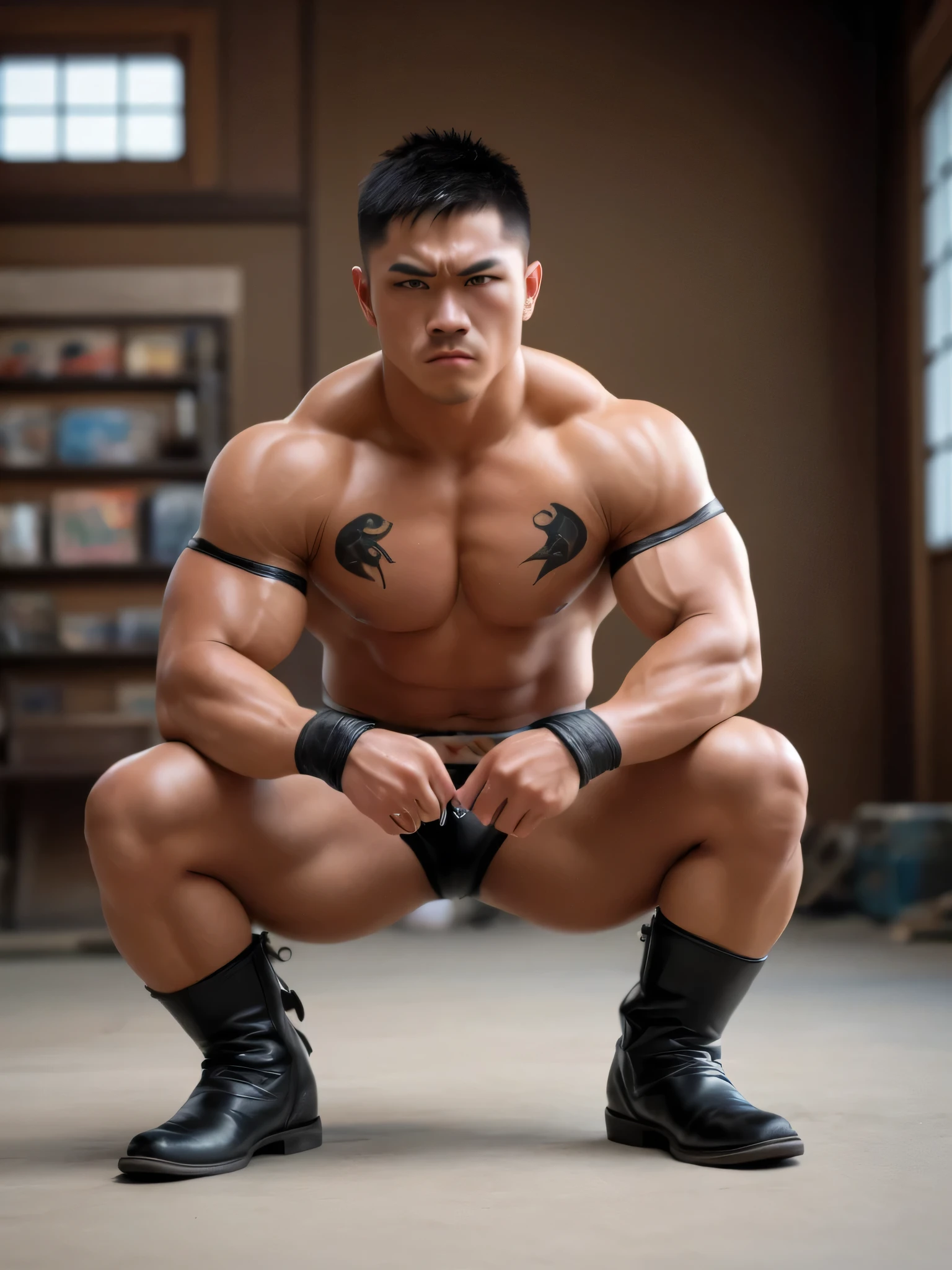arafed man in black boots squatting down with his hands on his knees, half man half asian black bull, muscular men, strong and muscular, asian male, muscular man, bodybuilder, half man half asian black bear, sexy muscular body, muscular male, gigachad muscular, muscular body, a muscular, muscular bodies, strong and imposing
