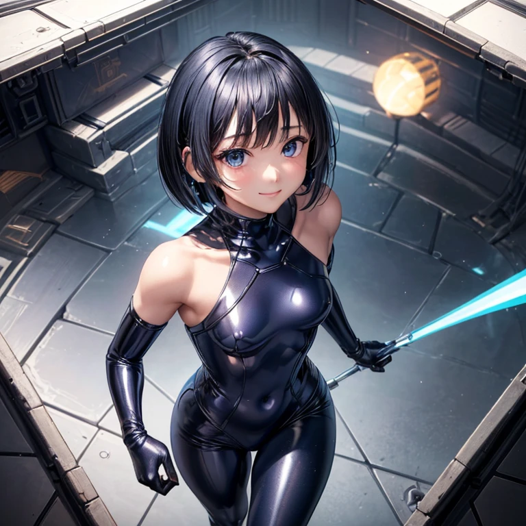 (masterpiece、highest quality、Highest Resolution、clear_image、Detailed explanation、Angle from above): (whole body、One 20 year old girl、The Face of Japan、Small face、thin、navy blue super short bob cut hair、(Hidden Small:1.3)、Sparkling blue eyes、Shiny black and white pilot suit、Chest protection armor、Tight fitting clothes、whole bodyを覆う衣服、Glamorous clothes、Tight Fit Pants、Hide your skin、Very delicate and beautiful、Detailed skin、hide thighs、Hide your ass、cute、A kind smile、Soft look、heroine、headset、Knee-high boots、Elbow-length gloves、Eye-level shot、face directly、Woman on a spaceship)