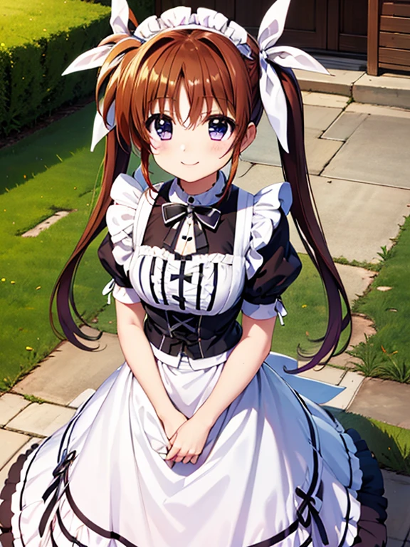 masterpiece, highest quality, Lyrical Nanoha,High resolution 、Twin tails、takamachi nanoha、smile,Gothic ta Clothes、Victorian Maid、Twin tails、White ribbon