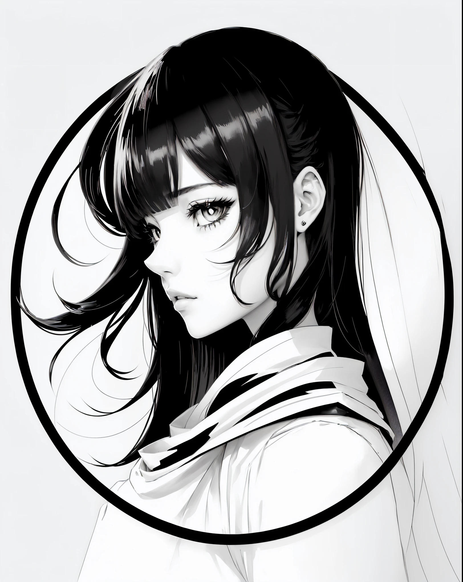 a black and white drawing of a woman with long hair, black and white vector art, vector shaded anime, clean line art, portrait knights of zodiac girl, intense line art, anime girl portrait profile, extremely fine ink lineart, black and white line art, black on white line art, black and white manga style, anime woman headshot profile svg 2 colors black and white very thin lines