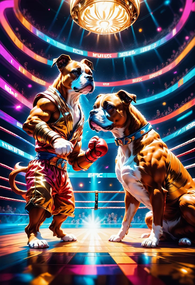 Boxing Match, aesthetic, Anthropomorphic boxer dog as a boxer, boxing, hyperdetailed,  hyperrealism volumetric lighting, Epic cinematic brilliant stunning intricate meticulously detailed dramatic atmospheric maximalist digital matte painting